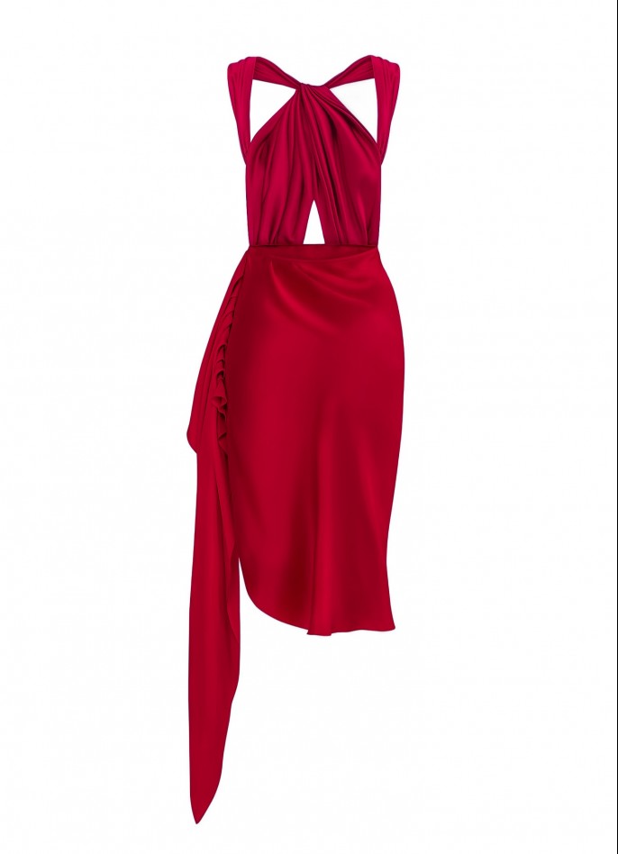 PRE-ORDER : DRAPED SILK SATIN BACKLESS DRESS - CRIMSON RED